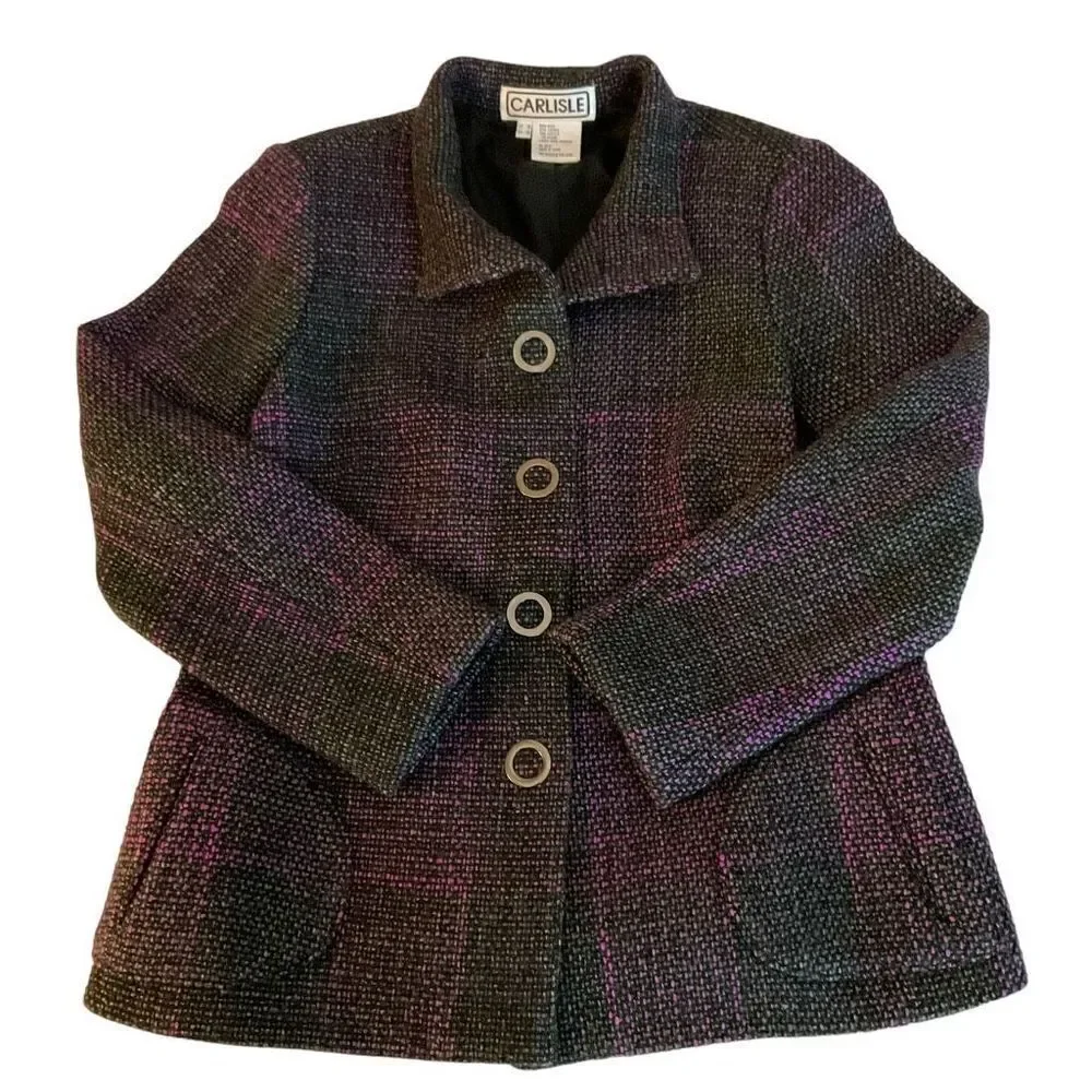 Carlisle Jacket Tweed Wool Blend Button Snap Front Black Pink Grey Weave Size 14